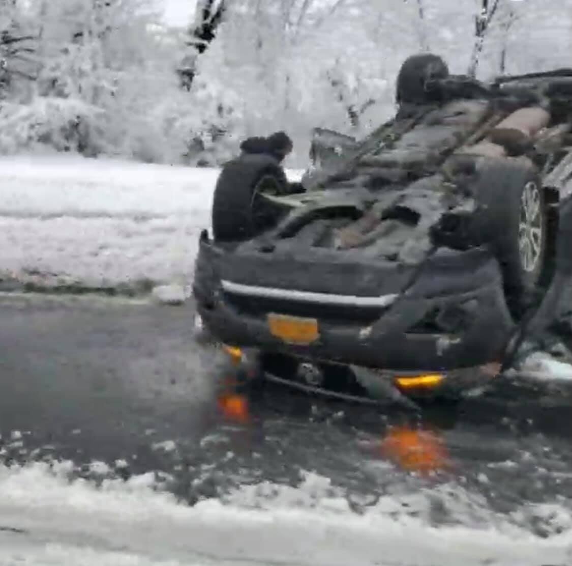 Vehicle overturned on the Northern State Parkway eastbound after Lakeville Road. 