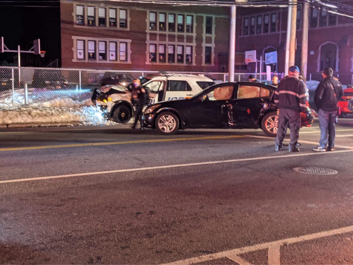 Multiple vehicle accident involving a police car on Jericho Turnpike and New Hyde Park Road.