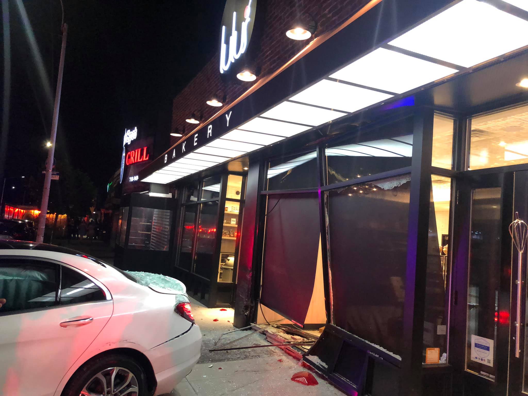 Store front damage and outdoor dining destroyed by reckless driving on Union Turnpike and 179 Street in Fresh Meadows.