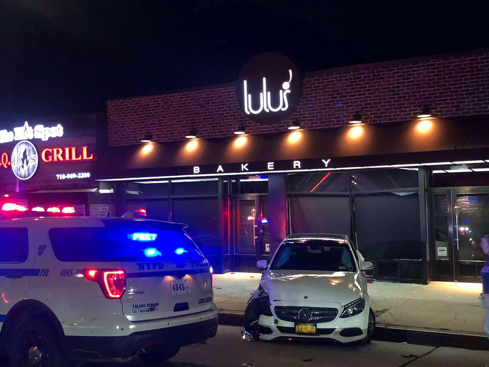 Store front damage and outdoor dining destroyed by reckless driving on Union Turnpike and 179 Street in Fresh Meadows.