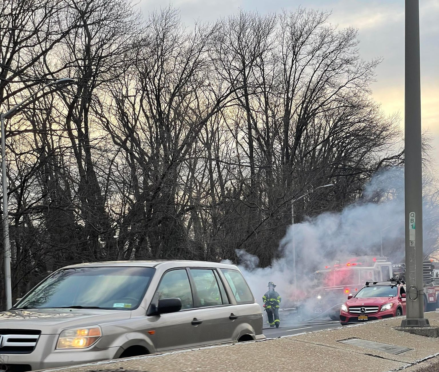 Car fire on the Cross Island Parkway southbound by Northern Blvd.