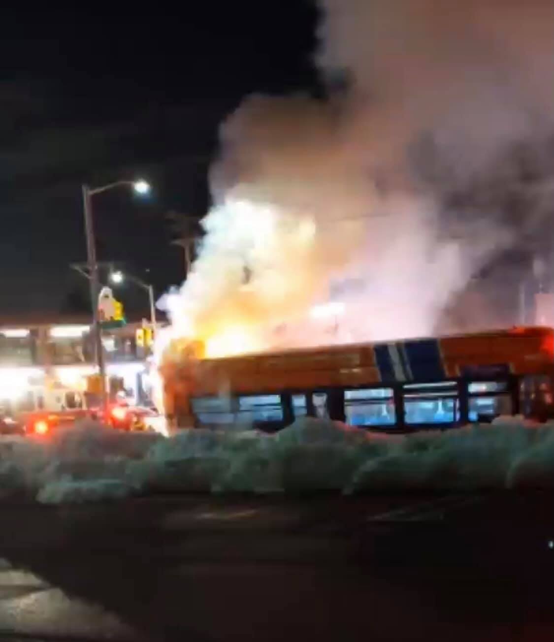 A public bus on the Northern Blvd by Marathon Parkway caught fire.