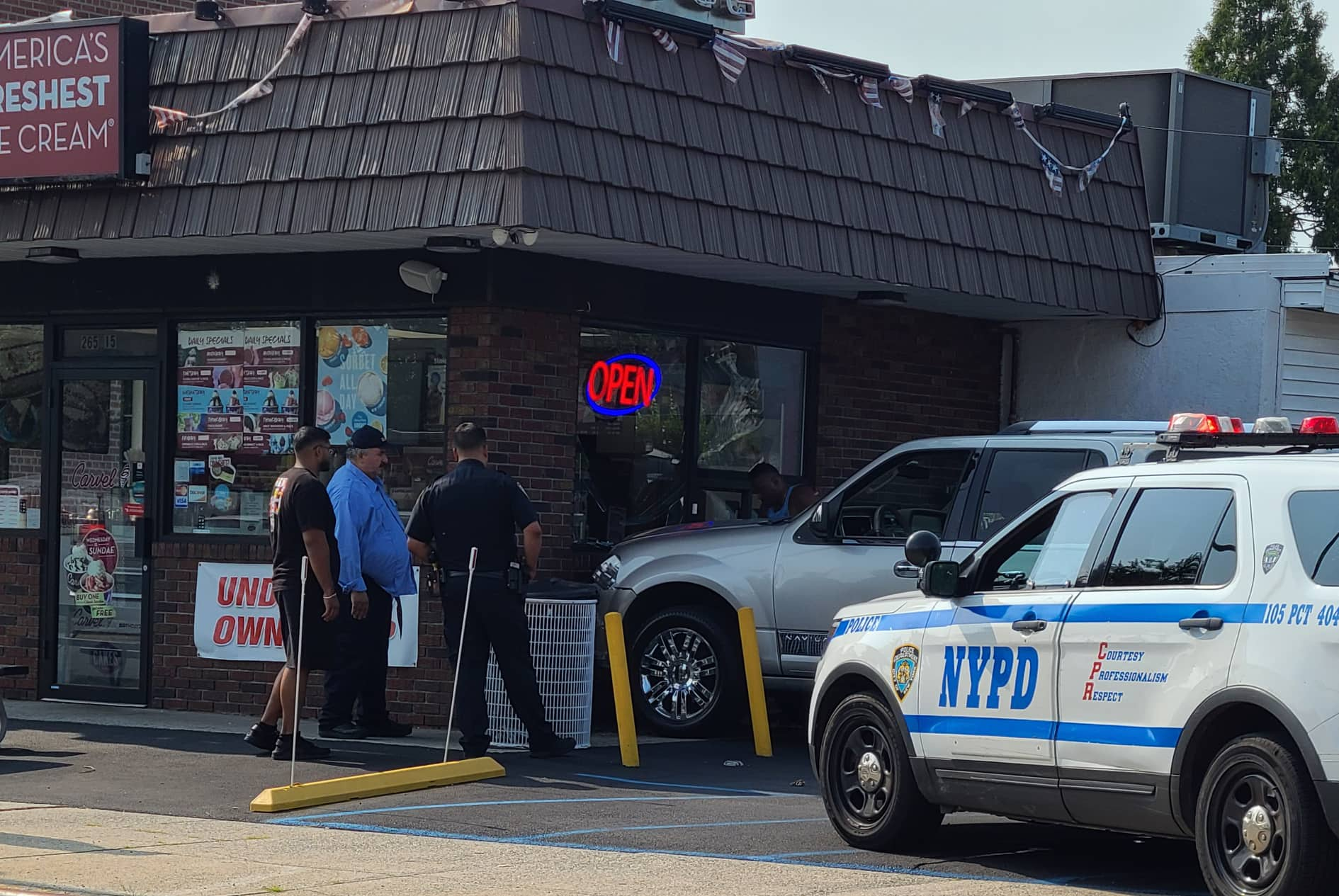 Car hit a building of Carvel on Hillside Avenue and 266 Street in Floral Park.