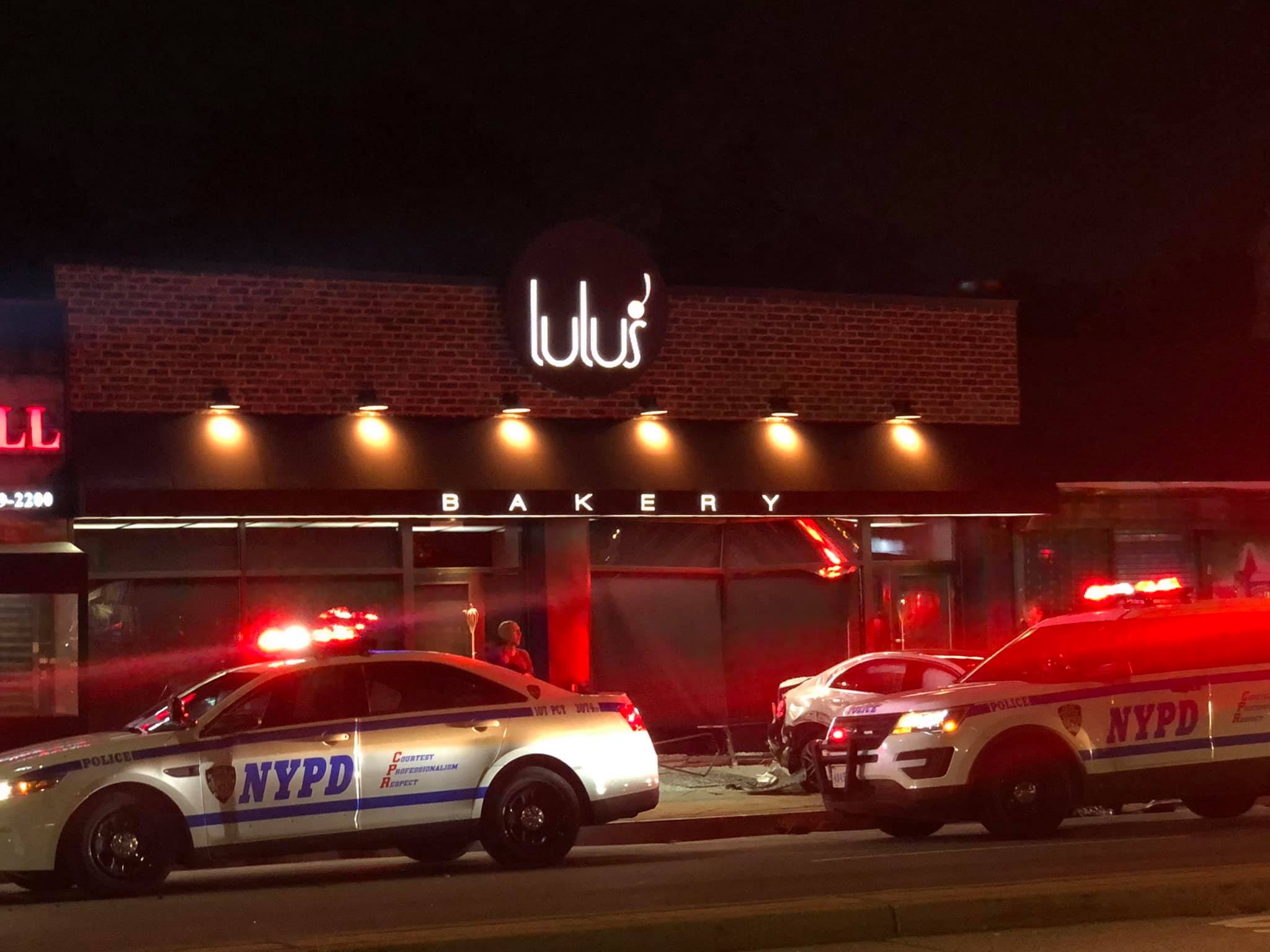 Store front damage and outdoor dining destroyed by reckless driving on Union Turnpike and 179 Street in Fresh Meadows.