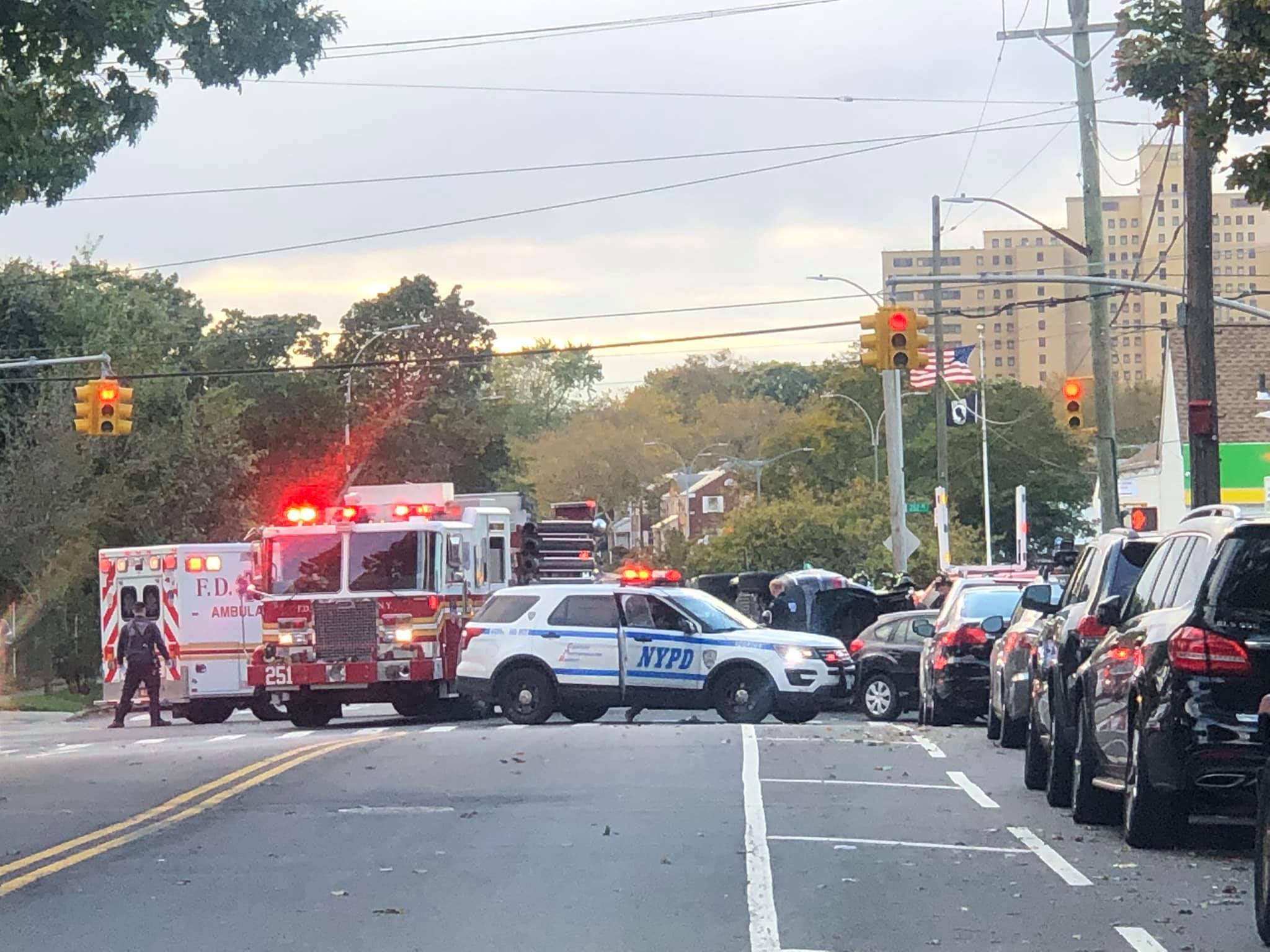 Multiple vehicle accident with one flipped on Little Neck Parkway in Bellerose.