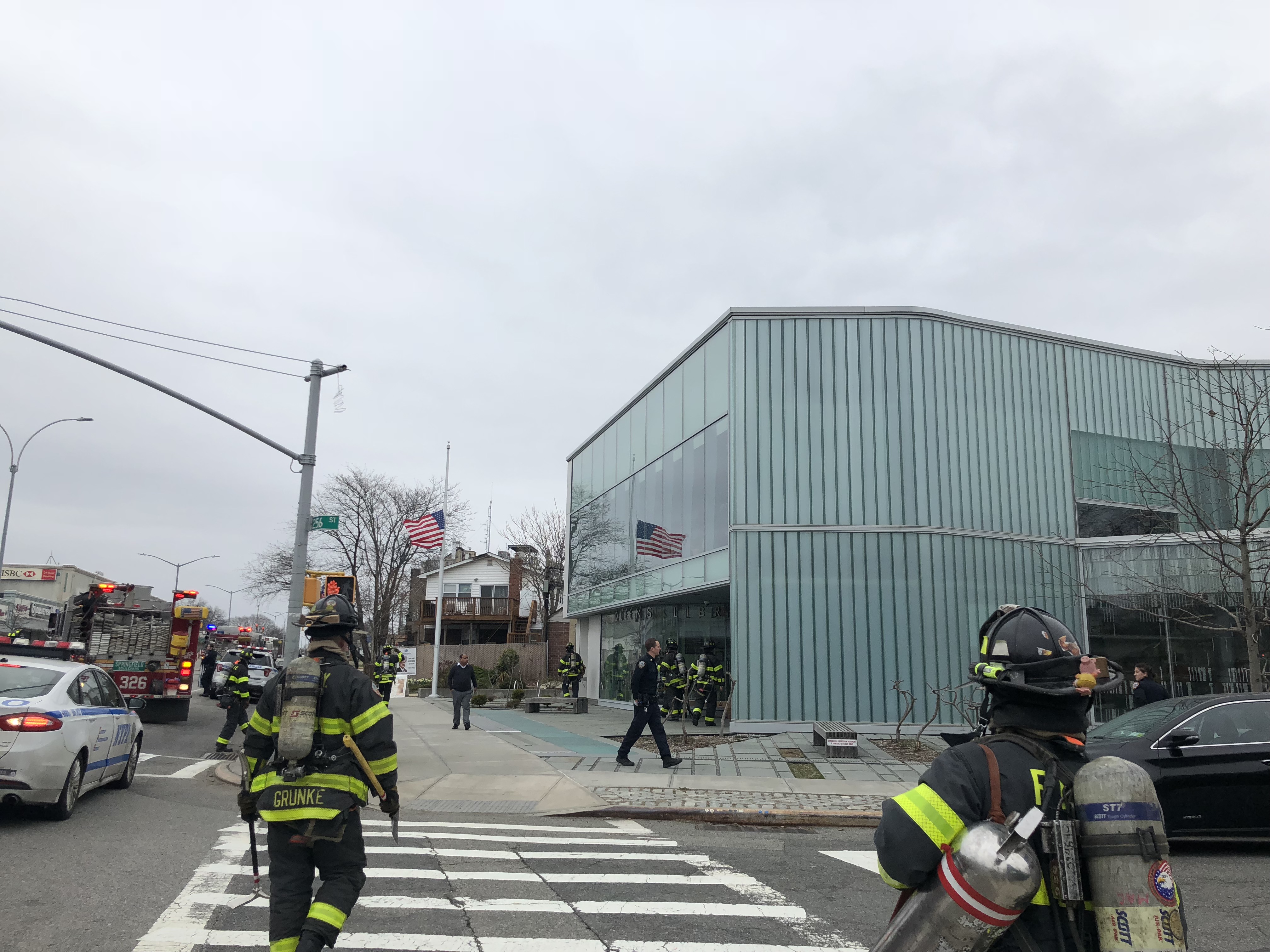 Fire at the public library in Glen Oaks.