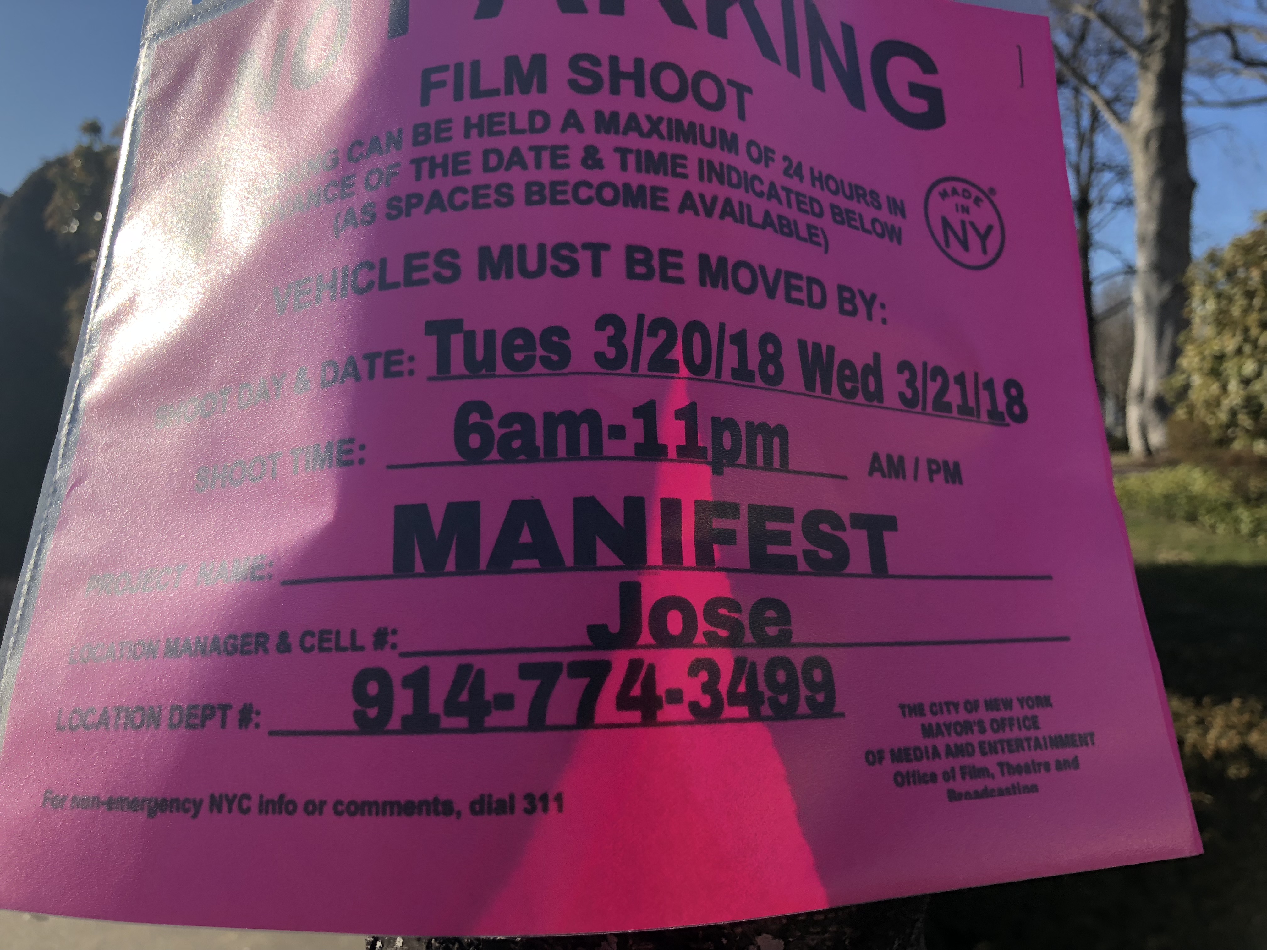 Manifest filming on Union Turnpike in Oakland Gardens.