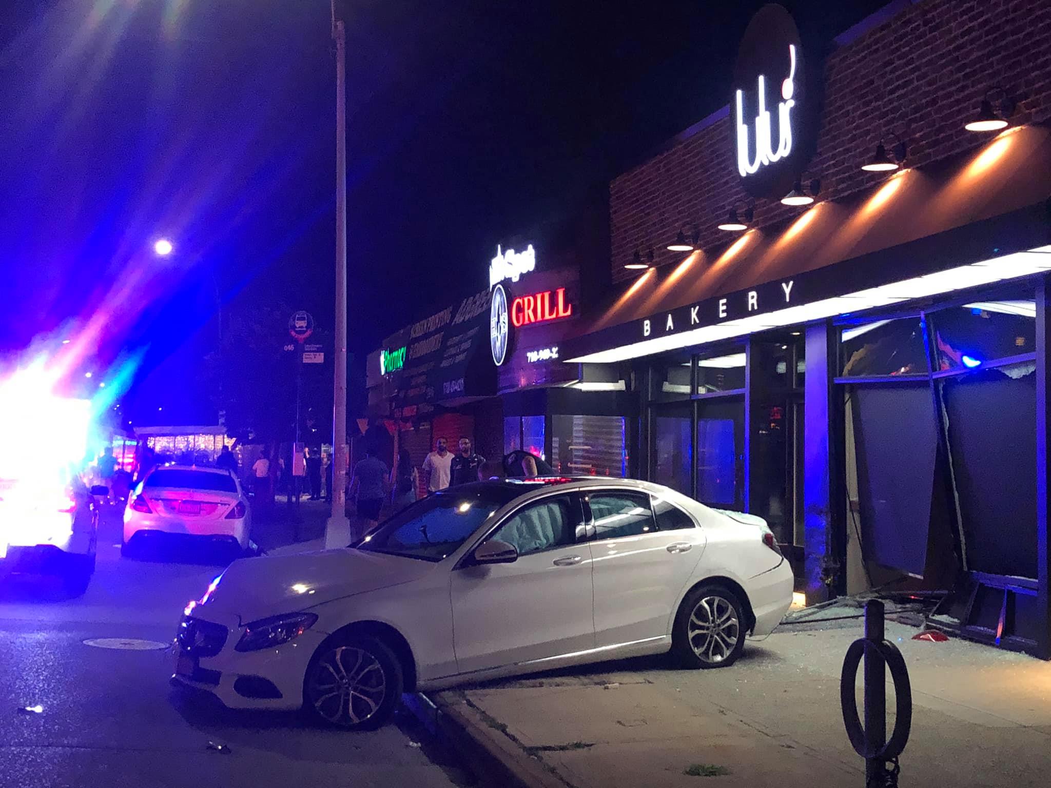 Store front damage and outdoor dining destroyed by reckless driving on Union Turnpike and 179 Street in Fresh Meadows.