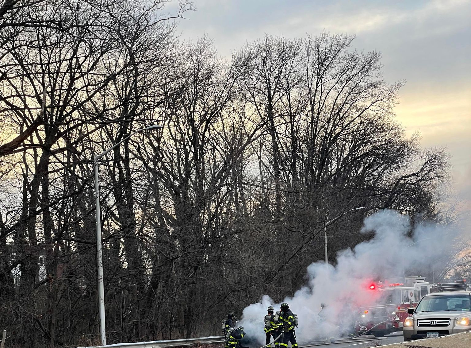 Car fire on the Cross Island Parkway southbound by Northern Blvd.